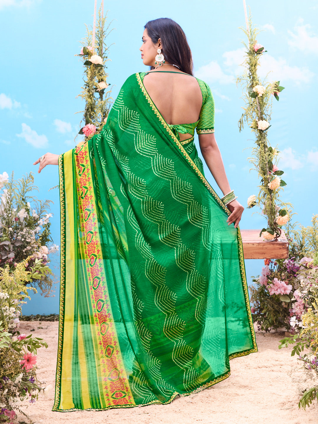 Green bandhani  saree floral border wear