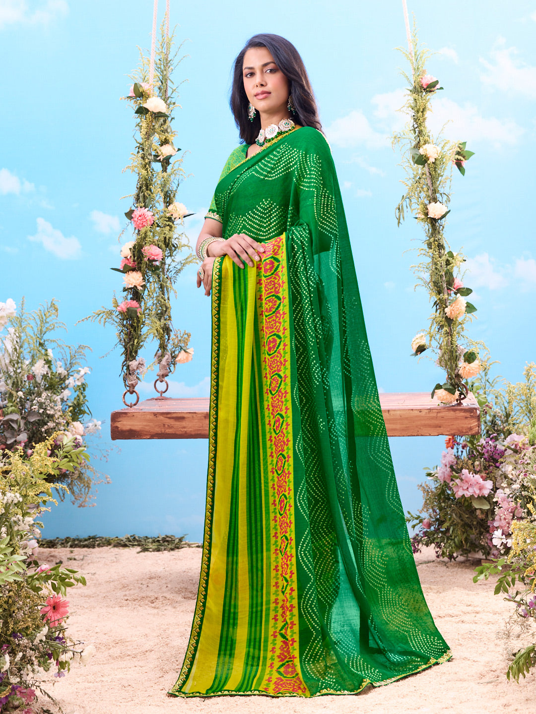 Green bandhani saree festive wear