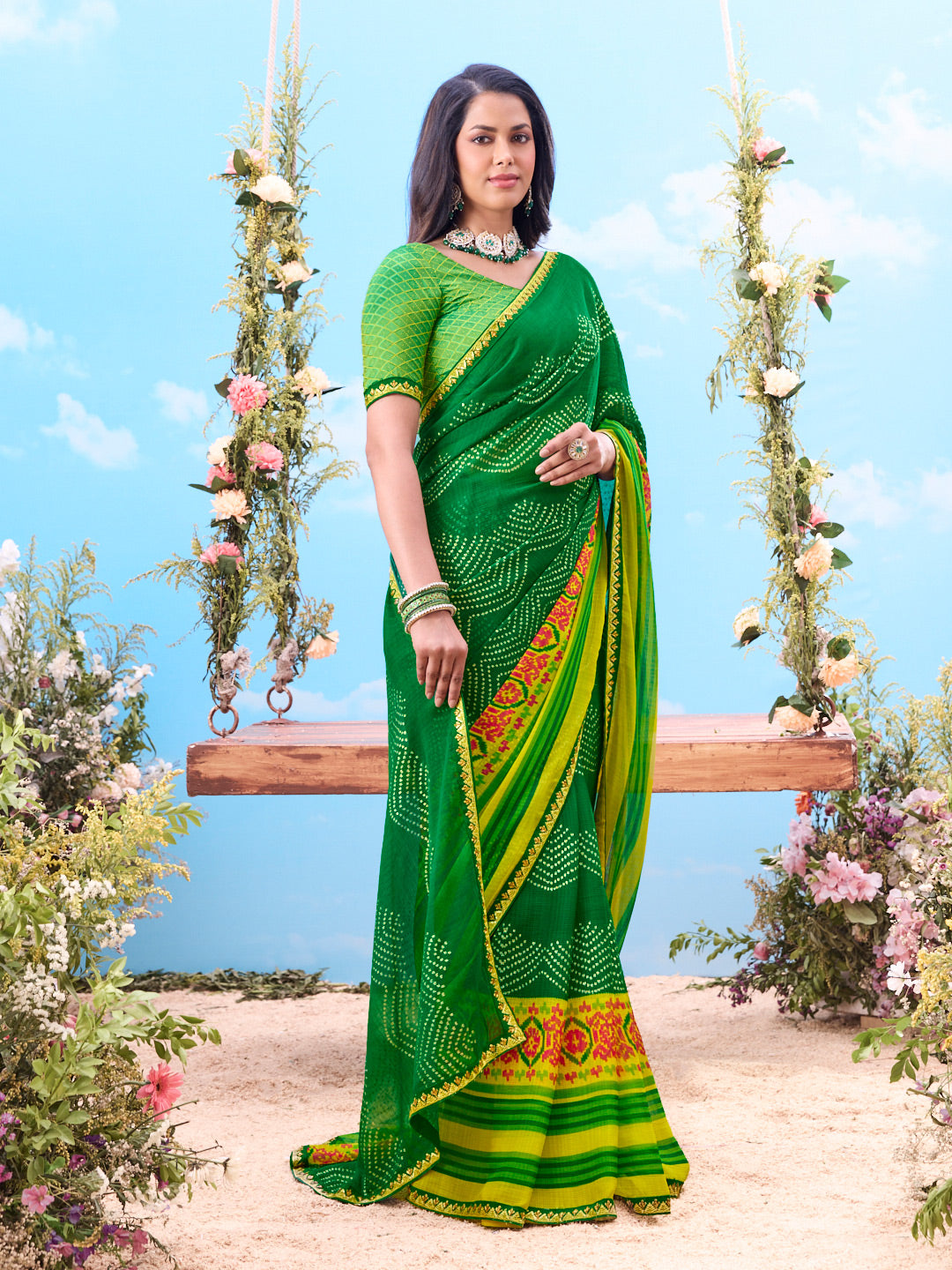  Green printed  saree patterned border wear 