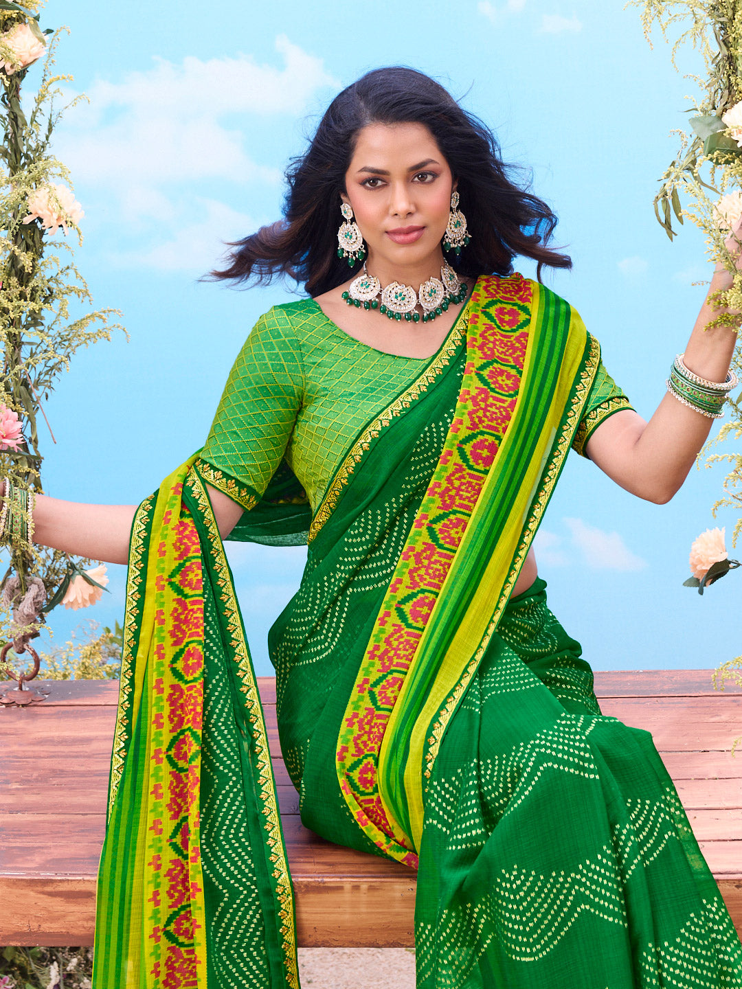 Green bandhani  saree floral border wear
