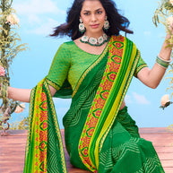 Green bandhani  saree floral border wear