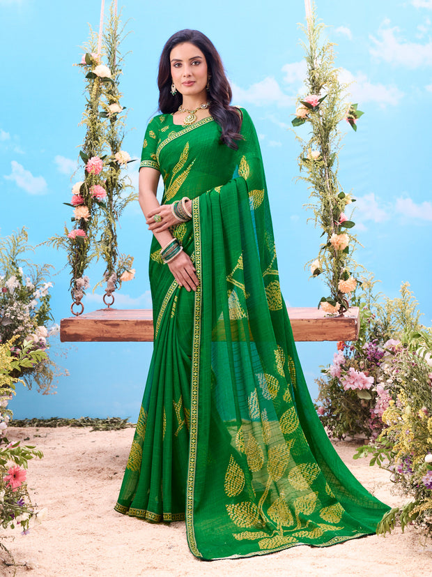 Green printed silk saree festive wear 