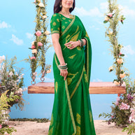Green all-over printed silk saree festive wear