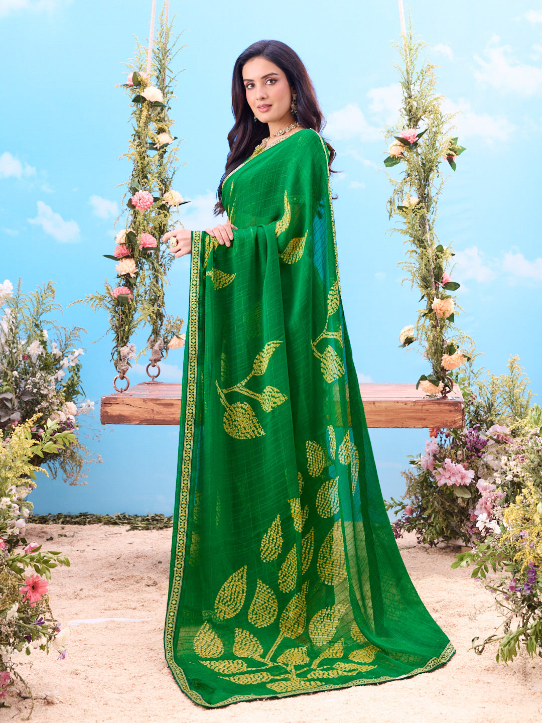 Green checkered printed silk saree daily wear