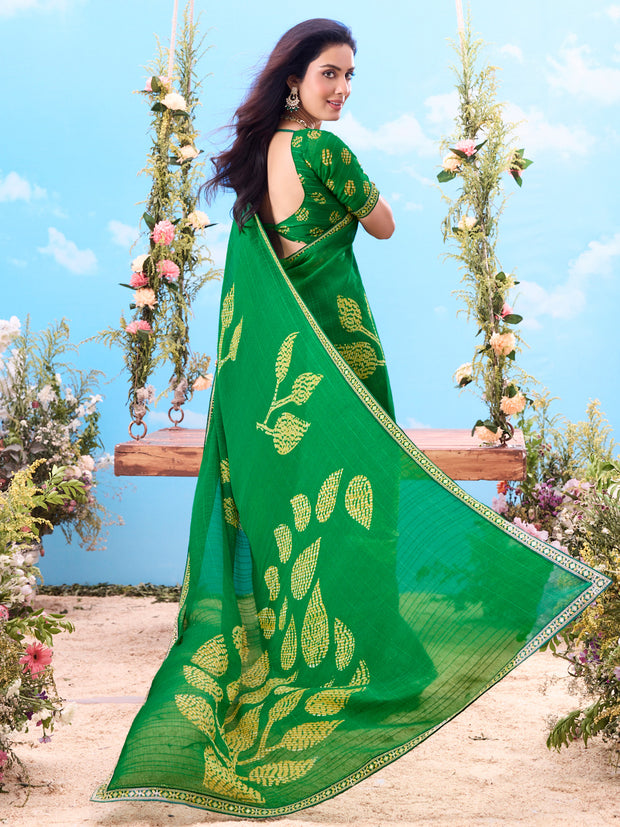 Green abstract printed silk saree party wear 