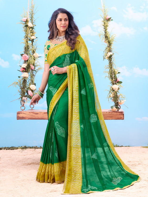 Green printed chiffon saree traditional wear 