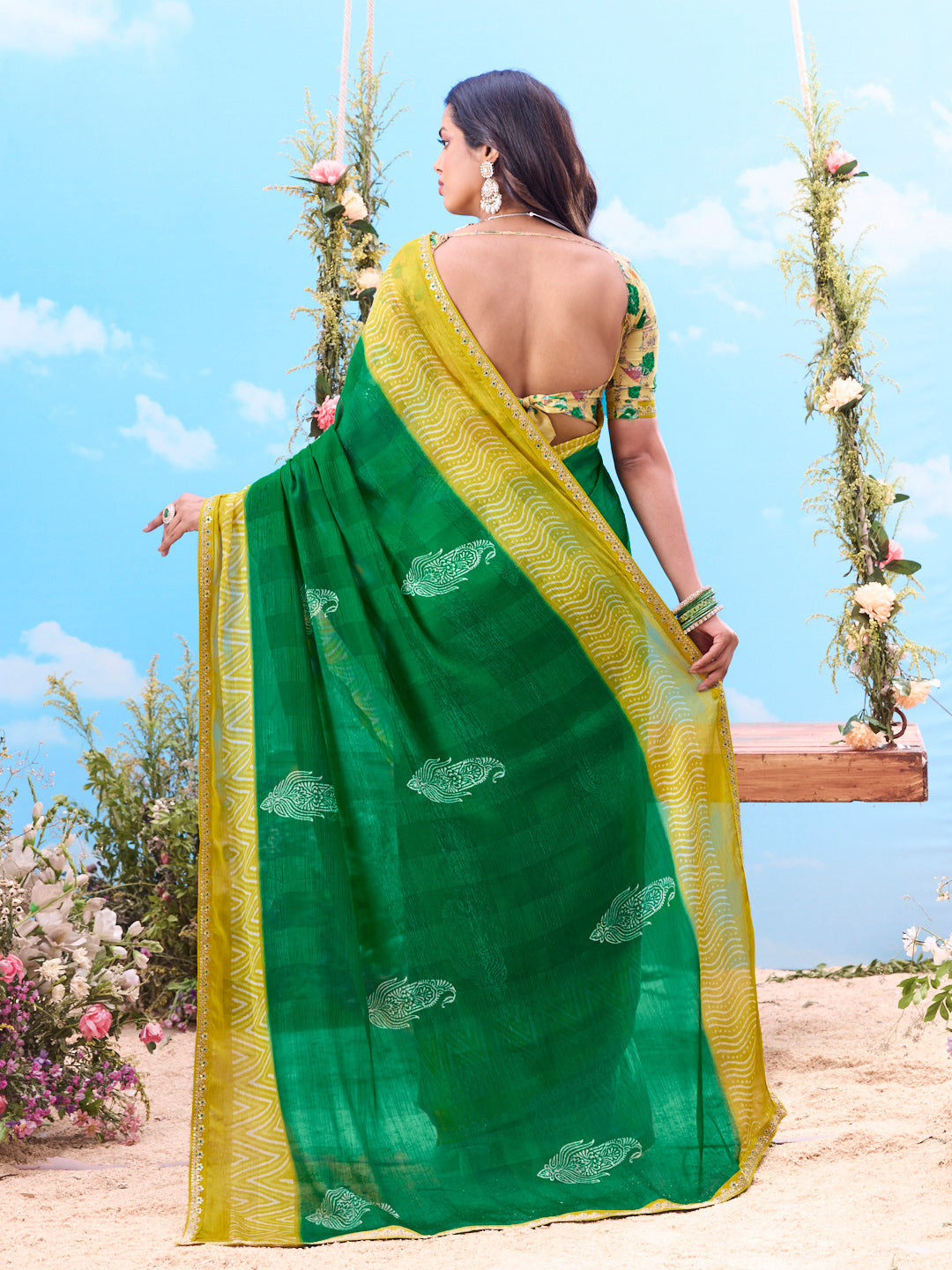 Green printed chiffon saree occasion wear
