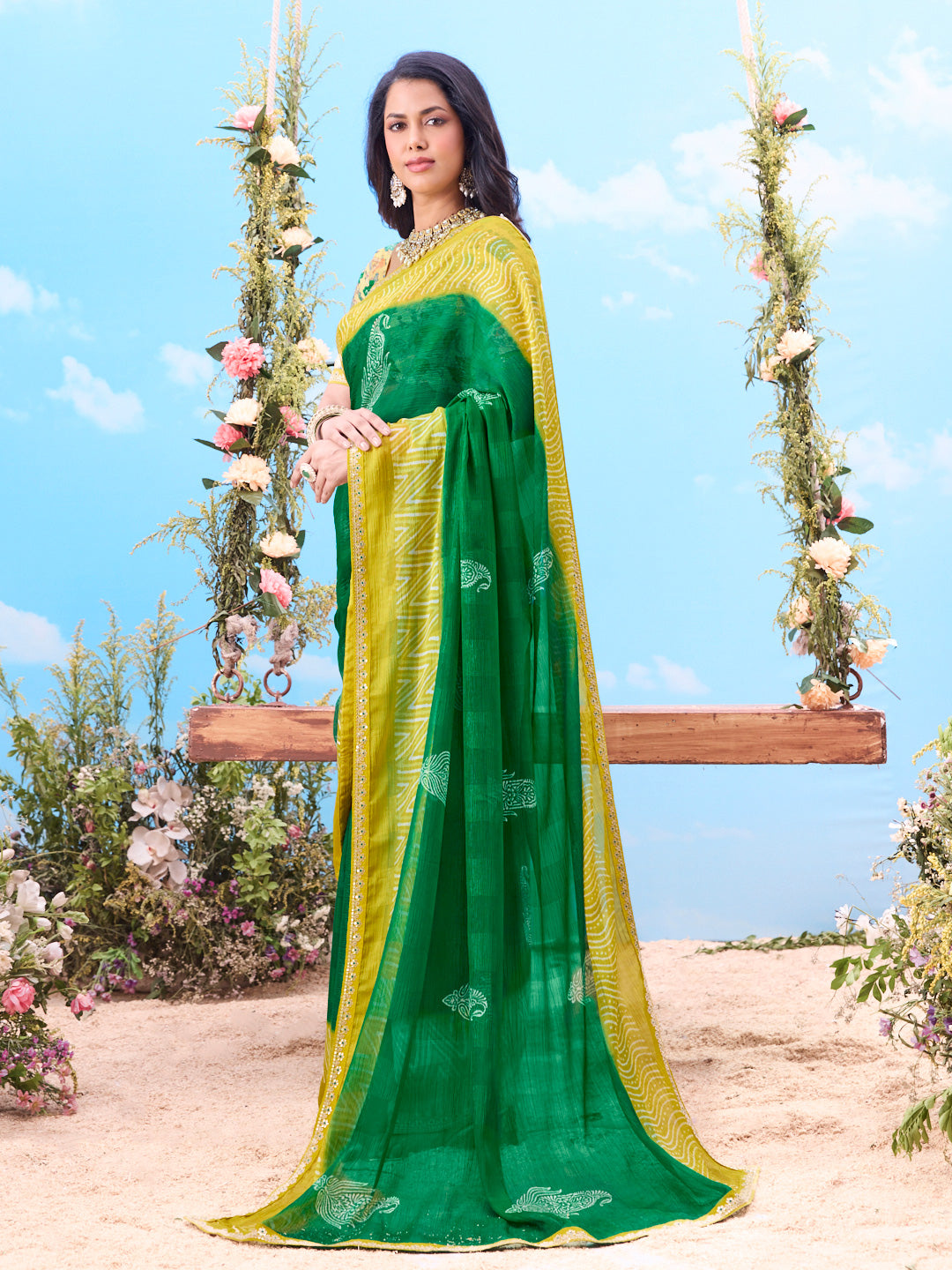 Green printed chiffon saree party wear