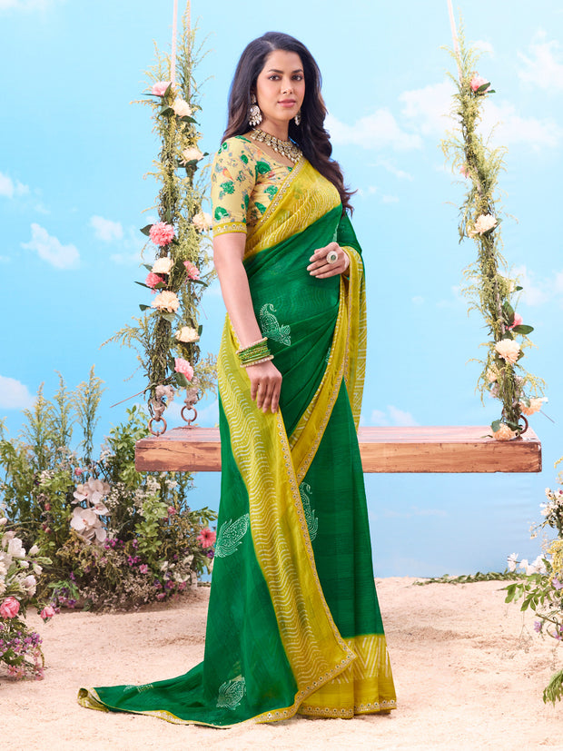 Green printed chiffon saree daily wear