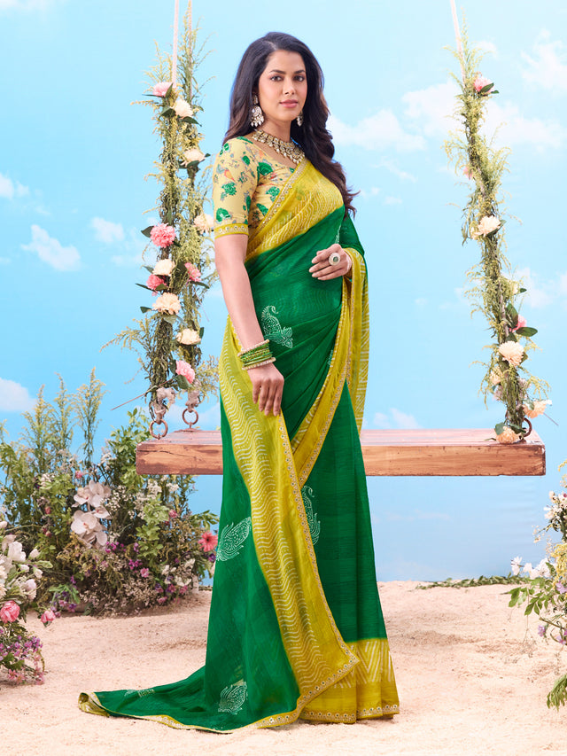 Green printed chiffon saree daily wear