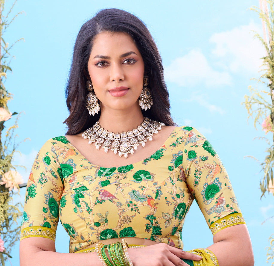 Green printed chiffon saree occasion wear