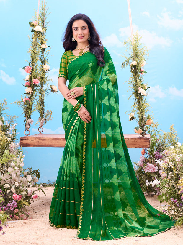 Green self-design chiffon saree traditional wear 
