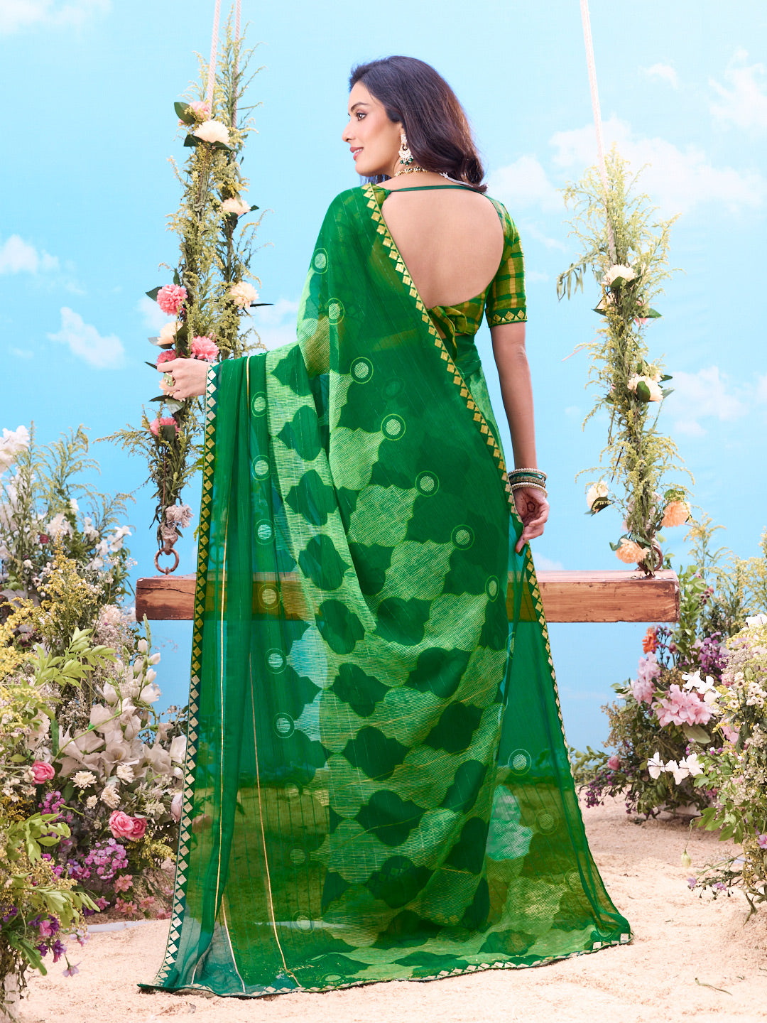 Green striped chiffon saree daily wear