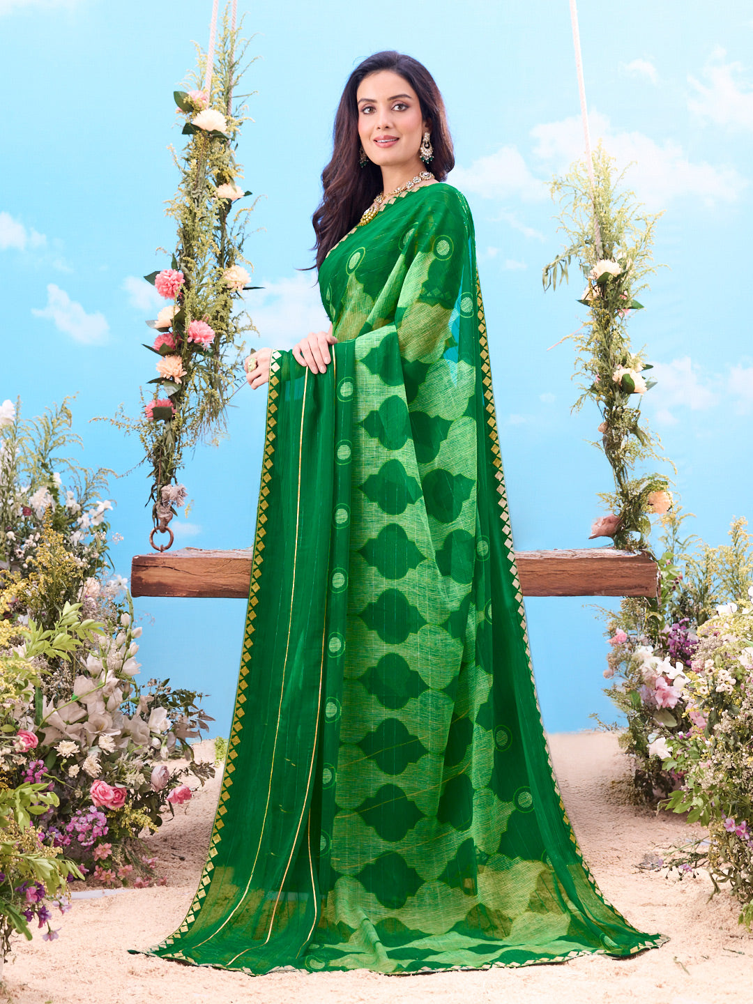 Green patterned chiffon saree party wear