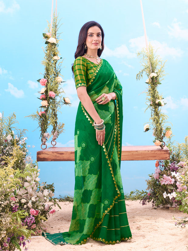 Green abstract leaf printed chiffon saree festive wear 
