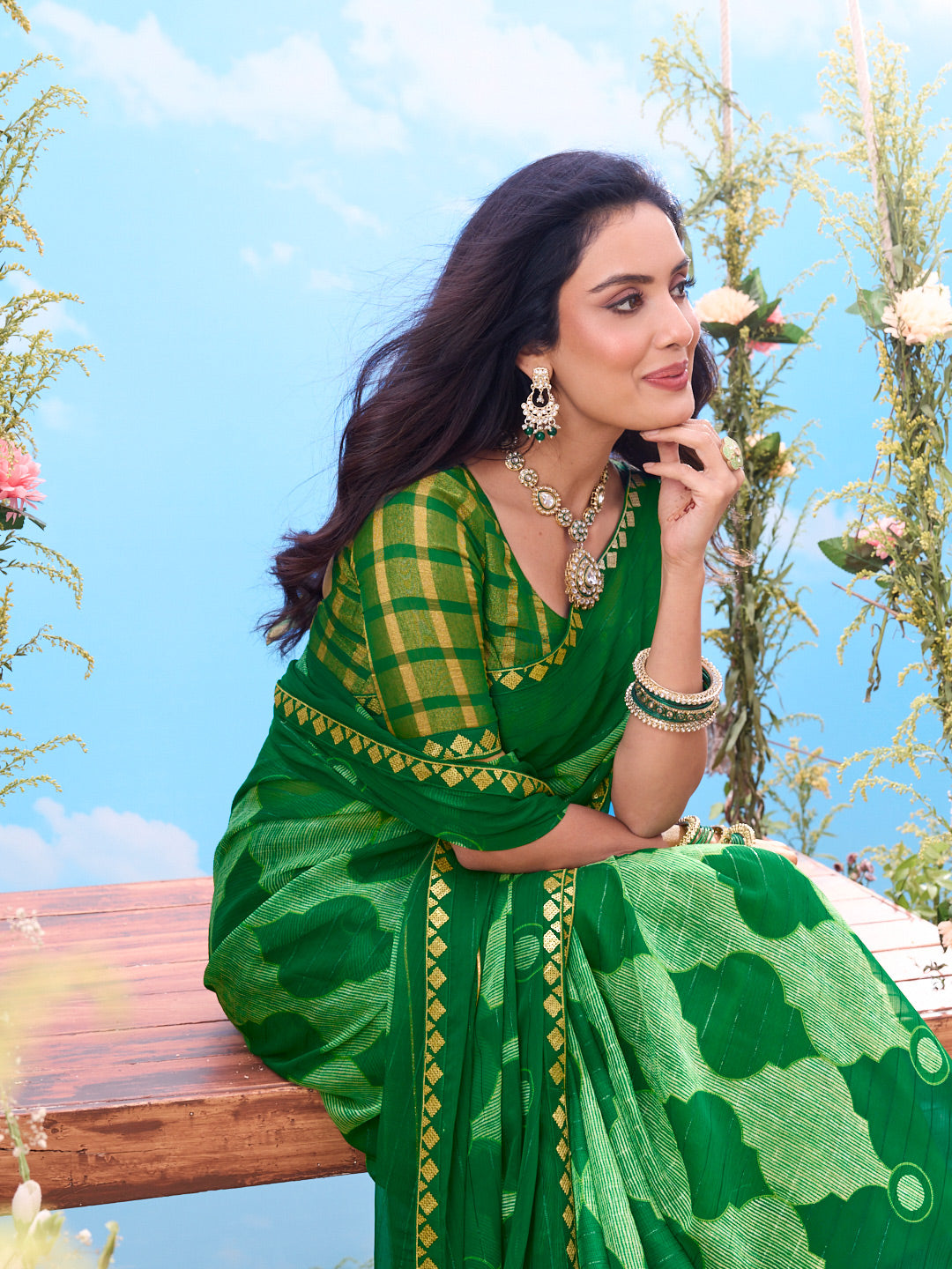 Green geometric printed chiffon saree occasion wear 