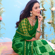Green geometric printed chiffon saree occasion wear 