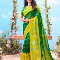 Green tie-dye printed chiffon saree casual wear 