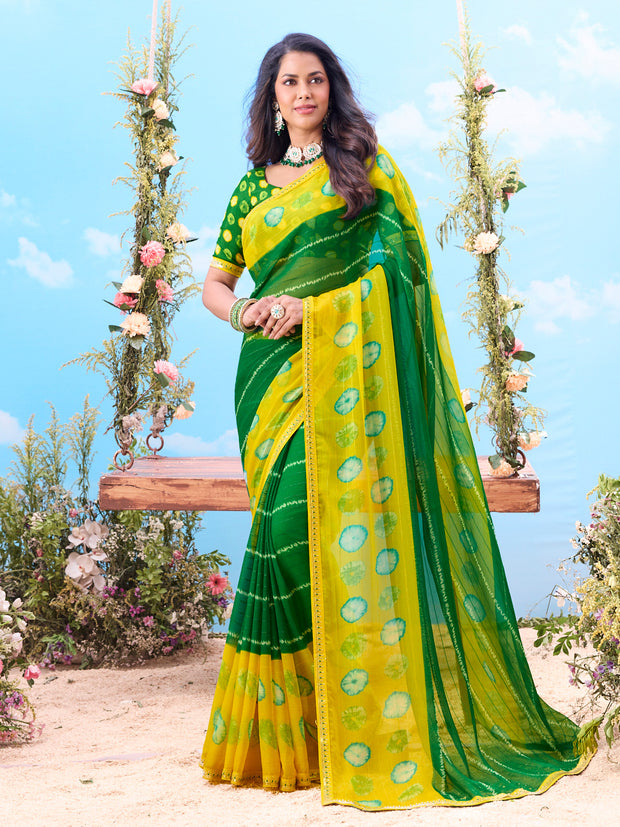 Green tie-dye printed chiffon saree casual wear 