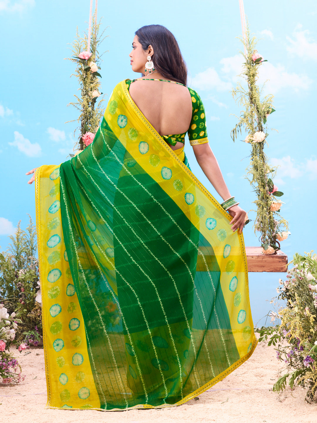 Green bandhani chiffon saree party wear
