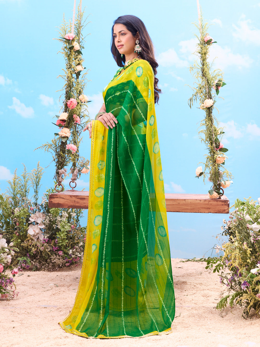 Green bandhani printed chiffon saree festive wear
