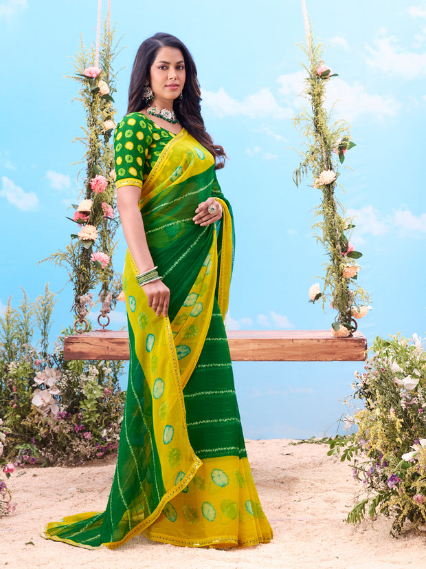 Green striped tie-dye chiffon saree casual wear 