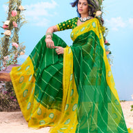 Green bandhani print chiffon saree festive wear 