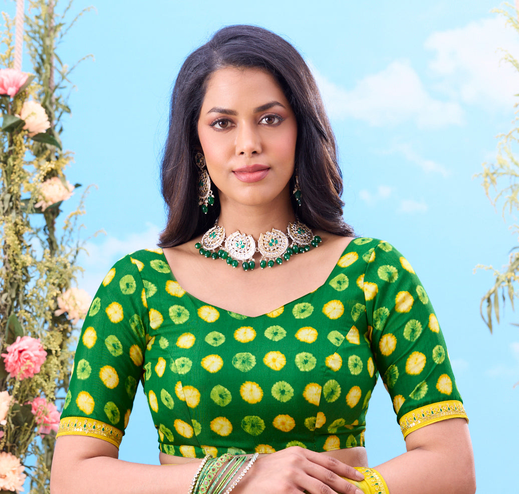 Green bandhani chiffon saree party wear
