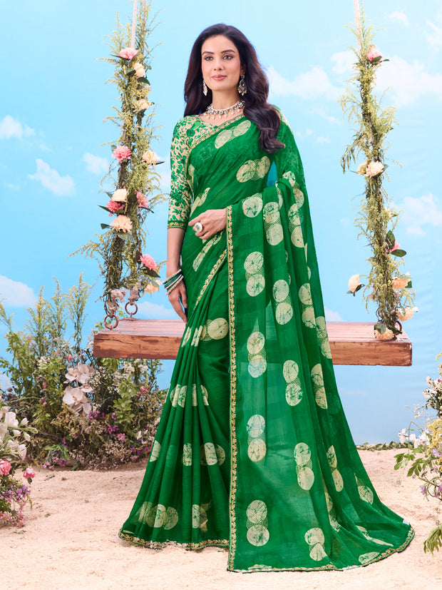 Green printed chiffon saree daily wear