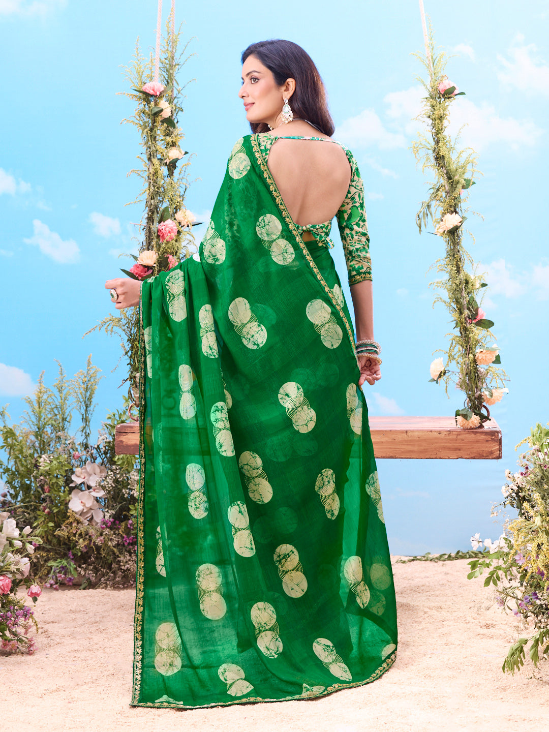 Green printed chiffon saree ethnic wear