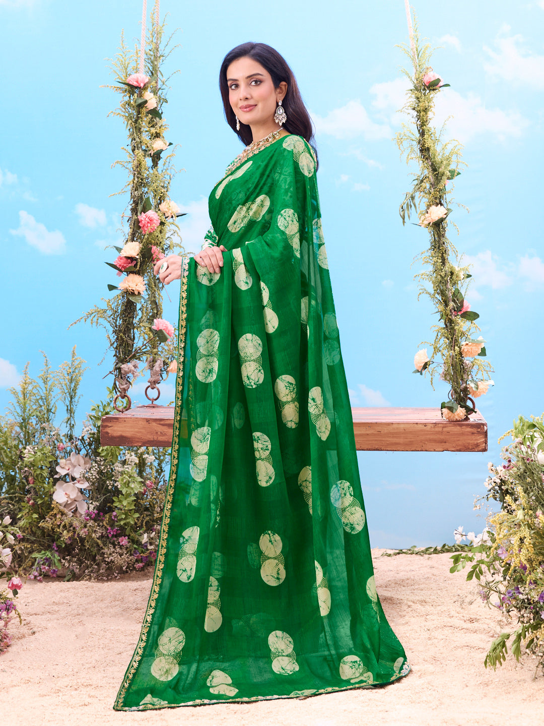 Green printed chiffon saree occasion wear 