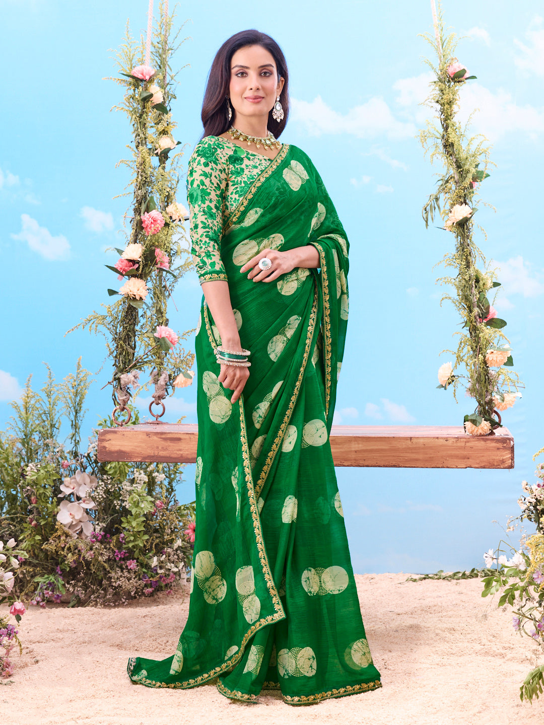  Green embroidered chiffon saree festive wear 