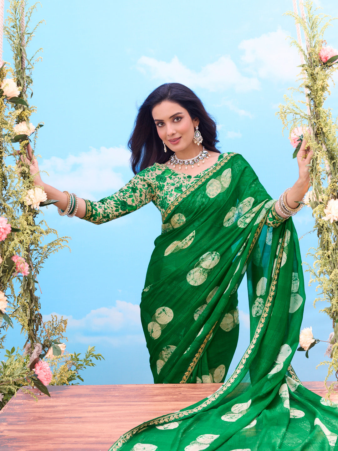 Green embroidered chiffon saree party wear 
