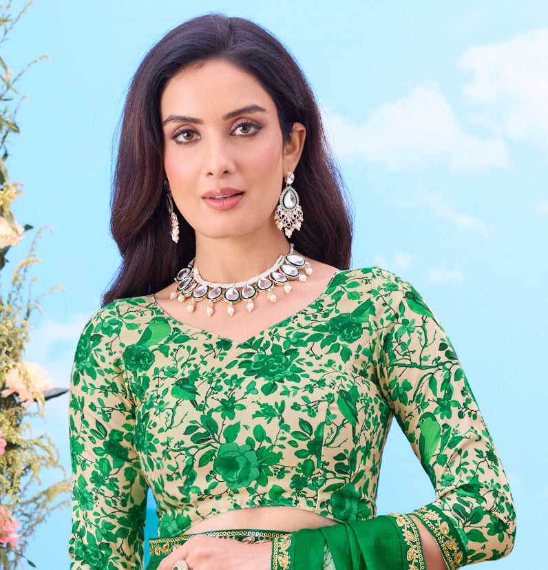 Green printed chiffon saree ethnic wear