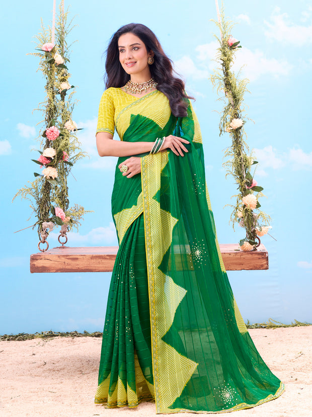 Green geometric printed georgette saree festive wear