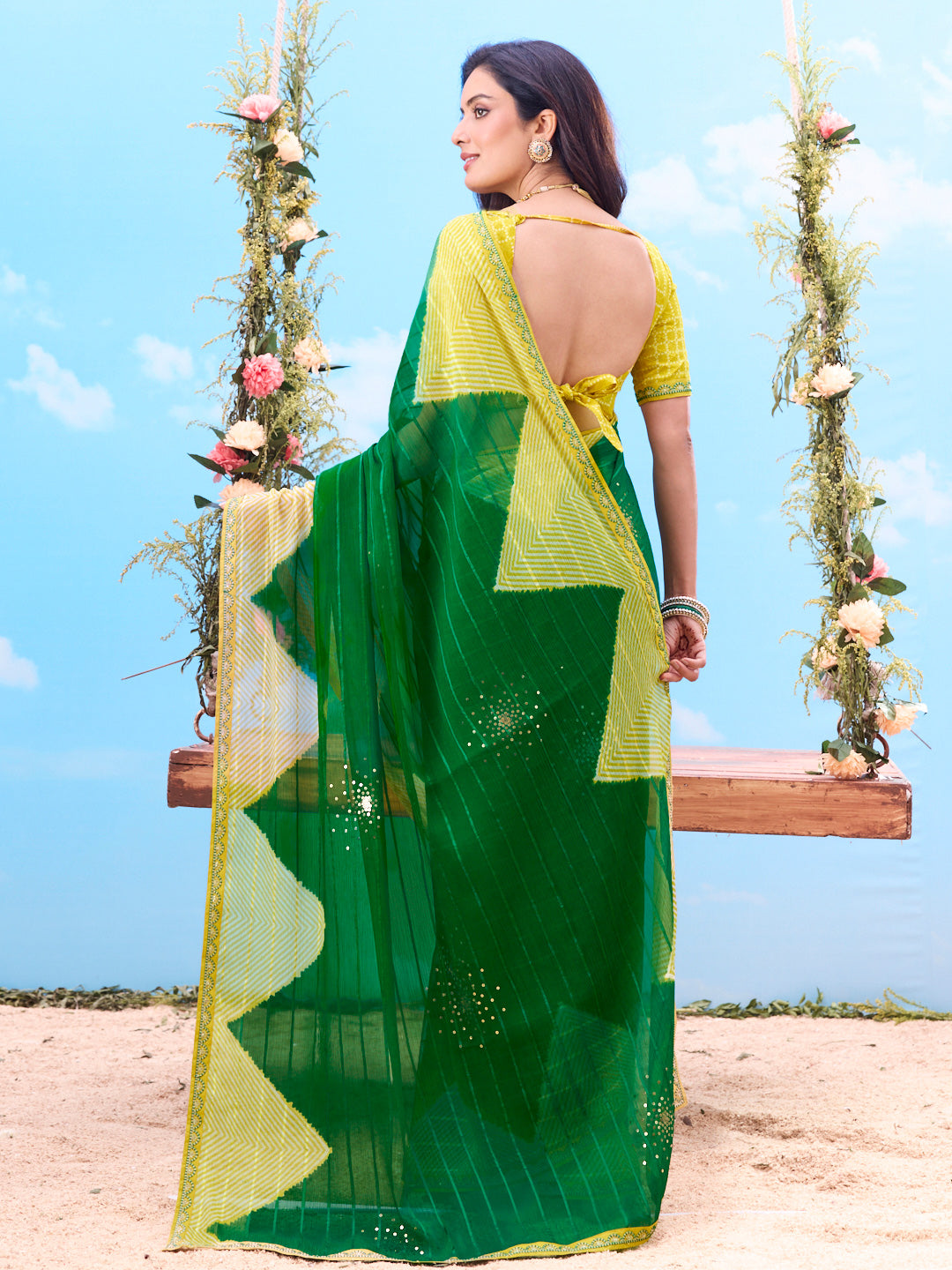 Green sequined georgette saree festive wear 