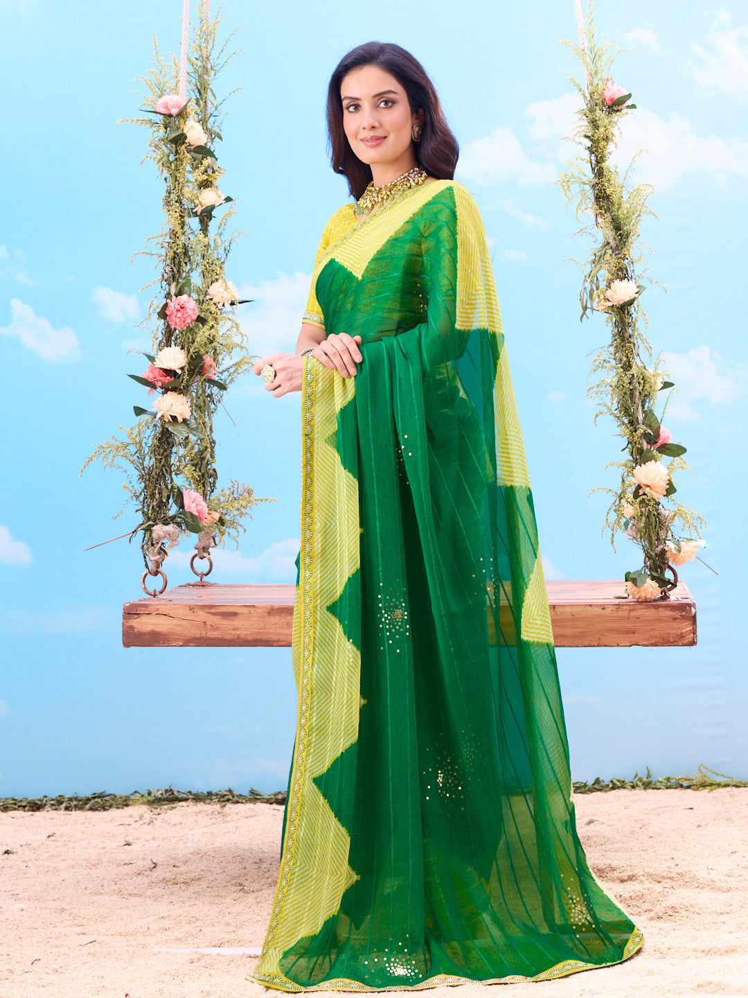 Green striped woven chiffon saree festive wear 