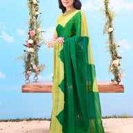 Green striped woven chiffon saree festive wear 
