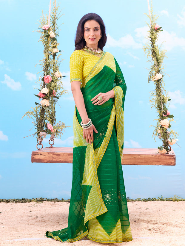  Green striped sequin georgette saree festive wear