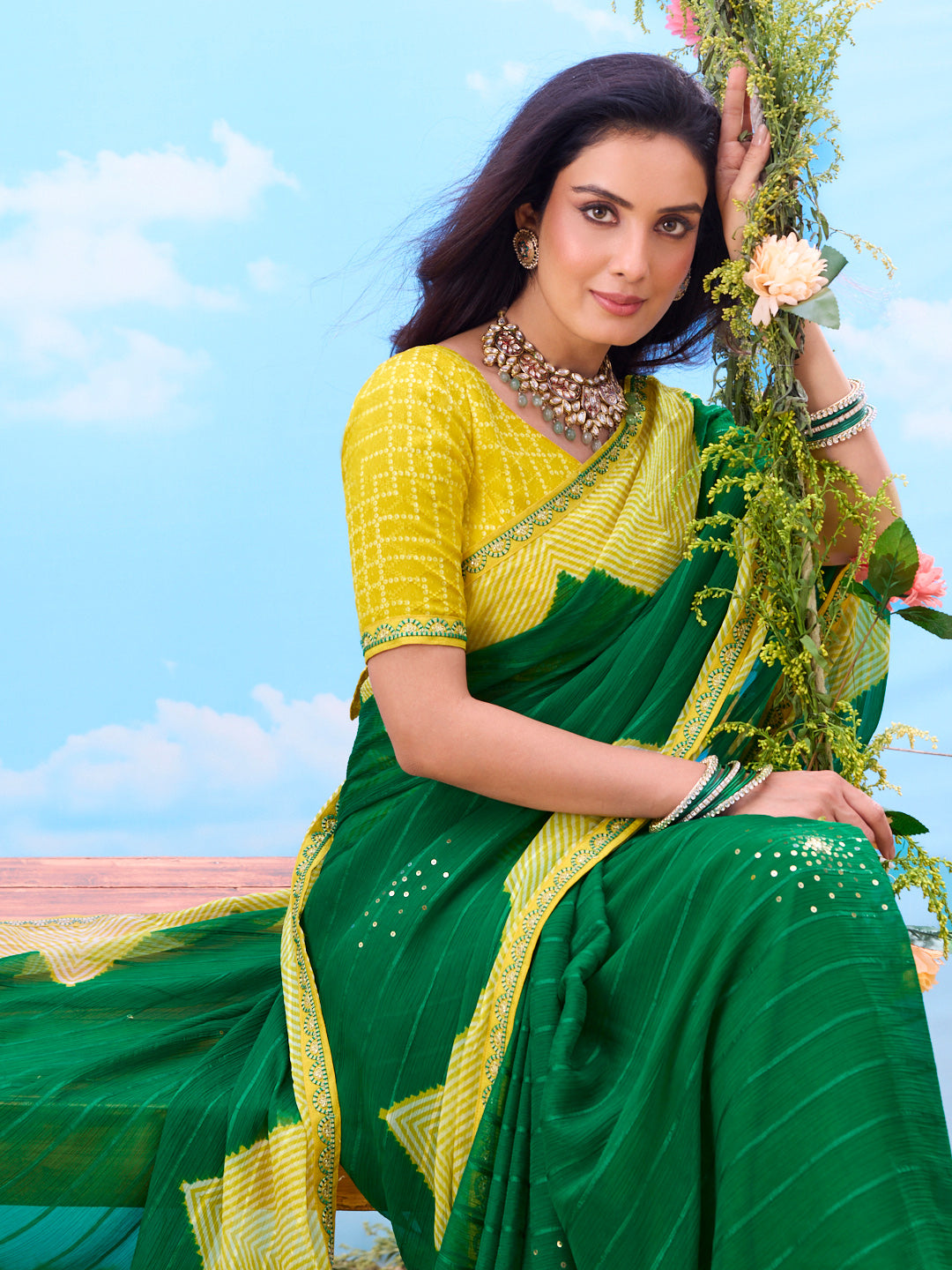  Green embroidered georgette saree festive wear