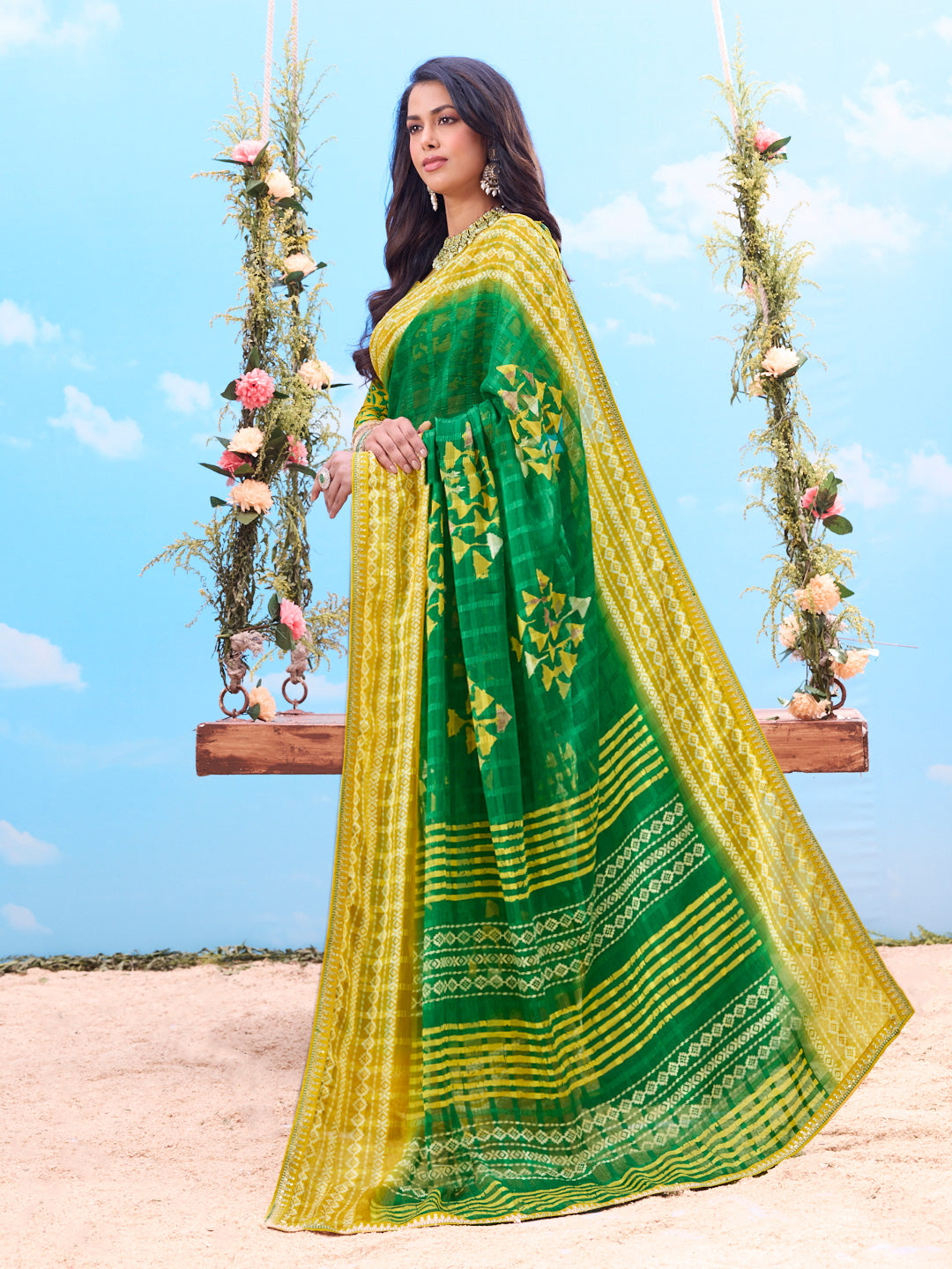 Green geometric printed cotton saree casual wear
