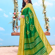 Green geometric printed cotton saree casual wear