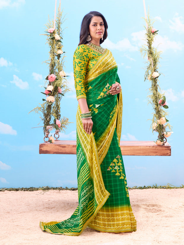 Green checkered cotton saree daily wear