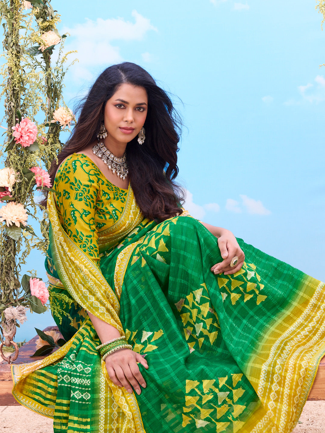 Green patterned cotton saree ethnic wear