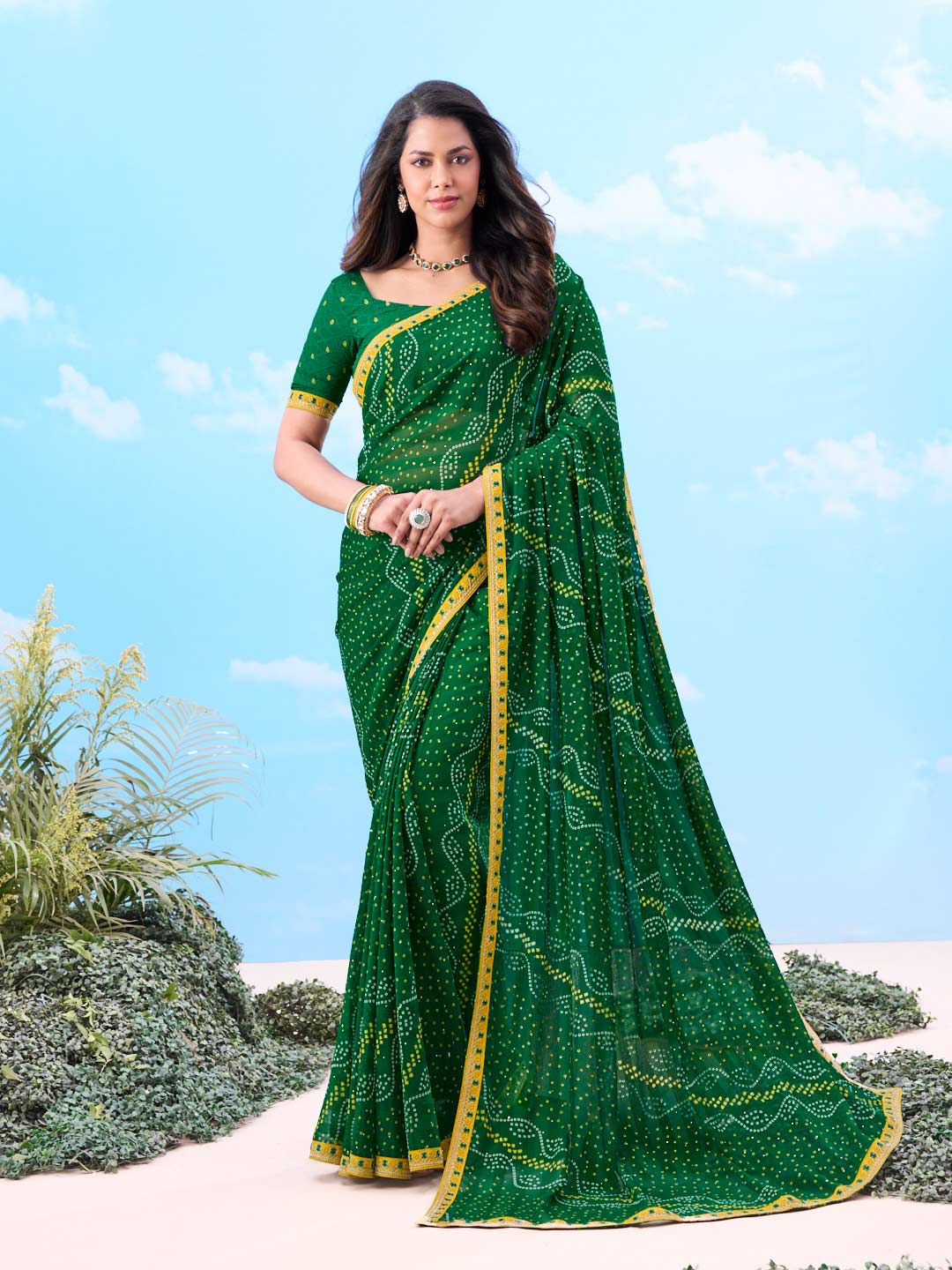 Laxmipati Gulshan Green Georgette Bandhani Printed Saree