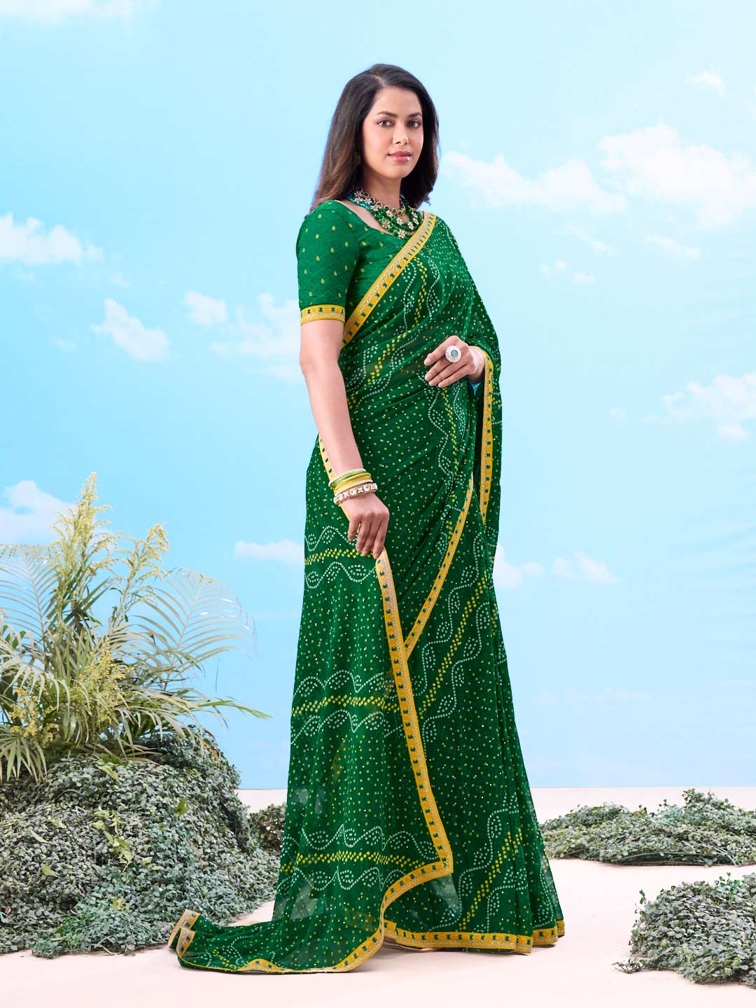 Laxmipati Gulshan Green Georgette Bandhani Printed Saree