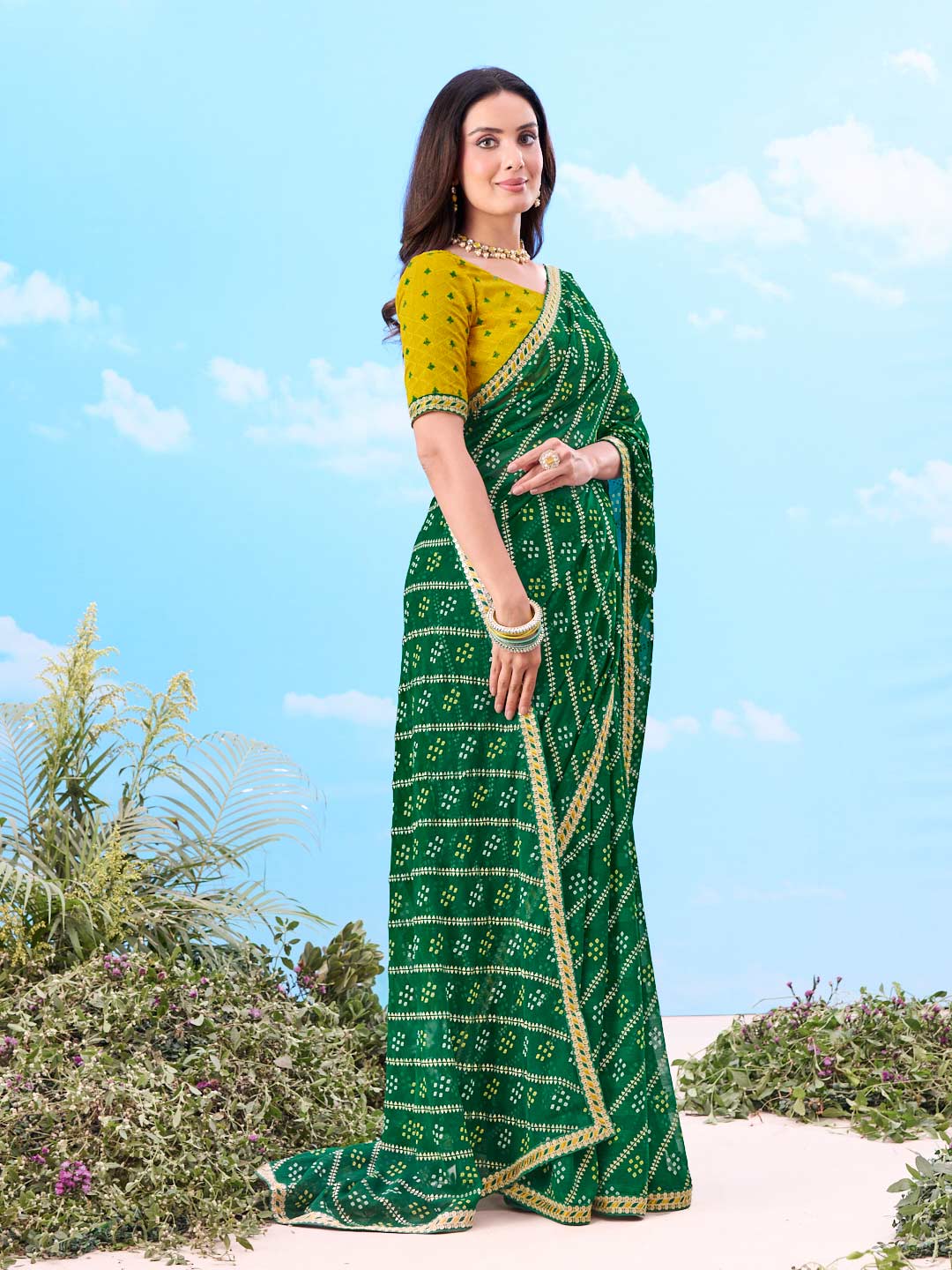 Laxmipati Gulshan Green Georgette Bandhani Printed Saree