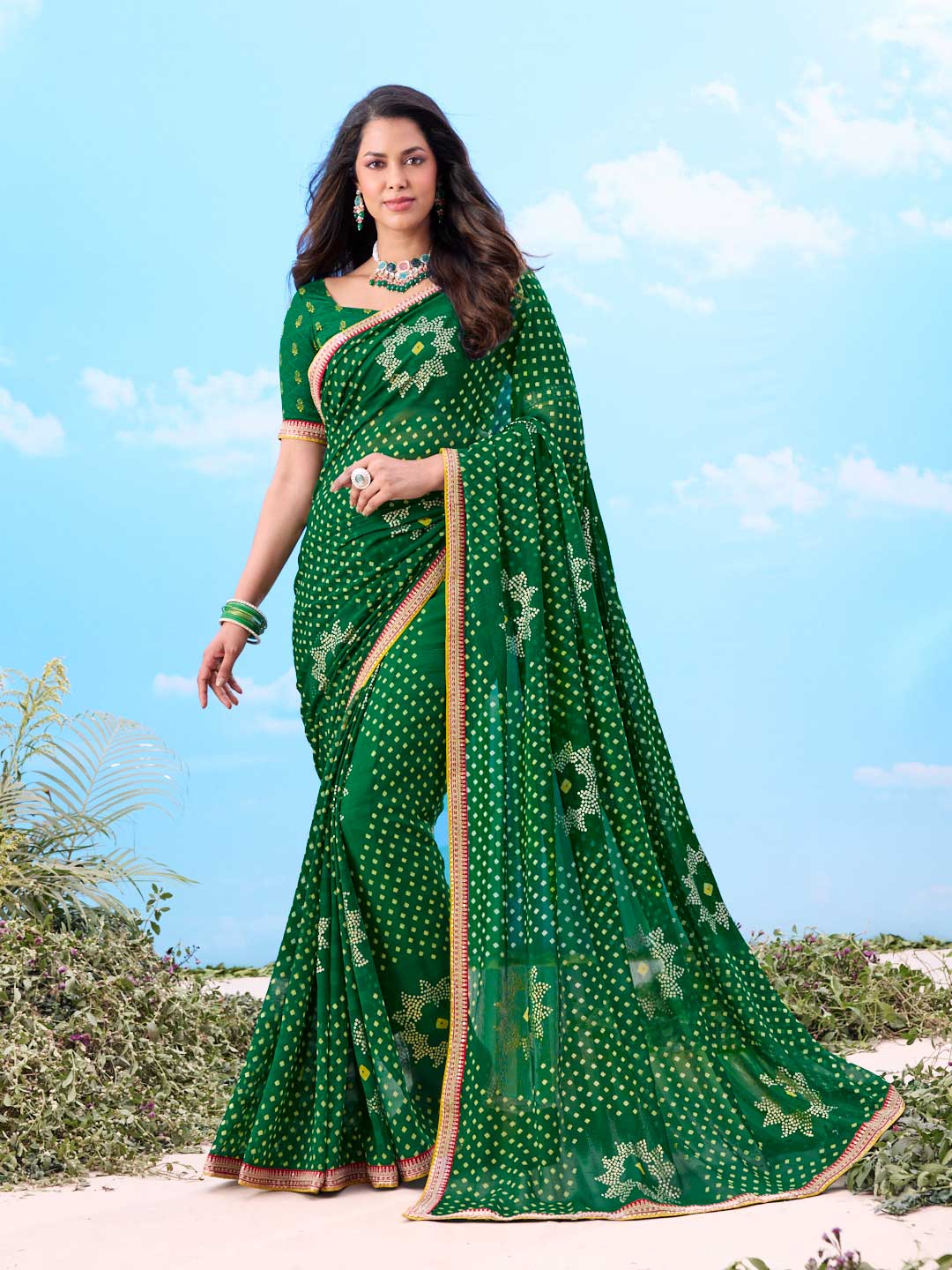 Laxmipati Gulshan Green Georgette Bandhani Printed Saree