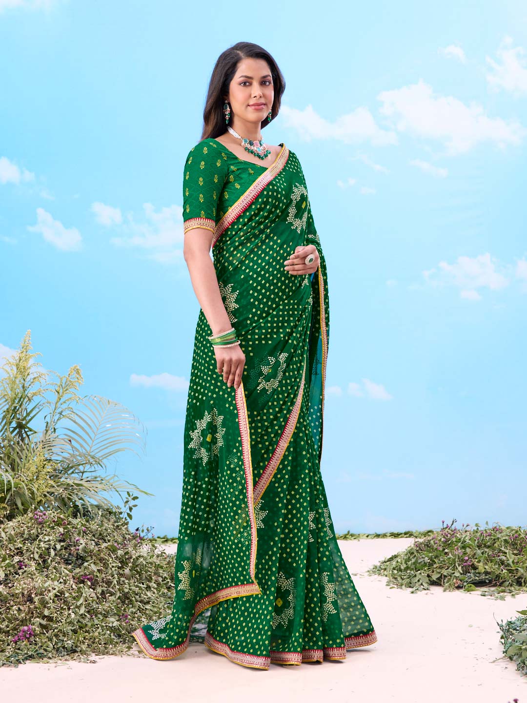 Laxmipati Gulshan Green Georgette Bandhani Printed Saree