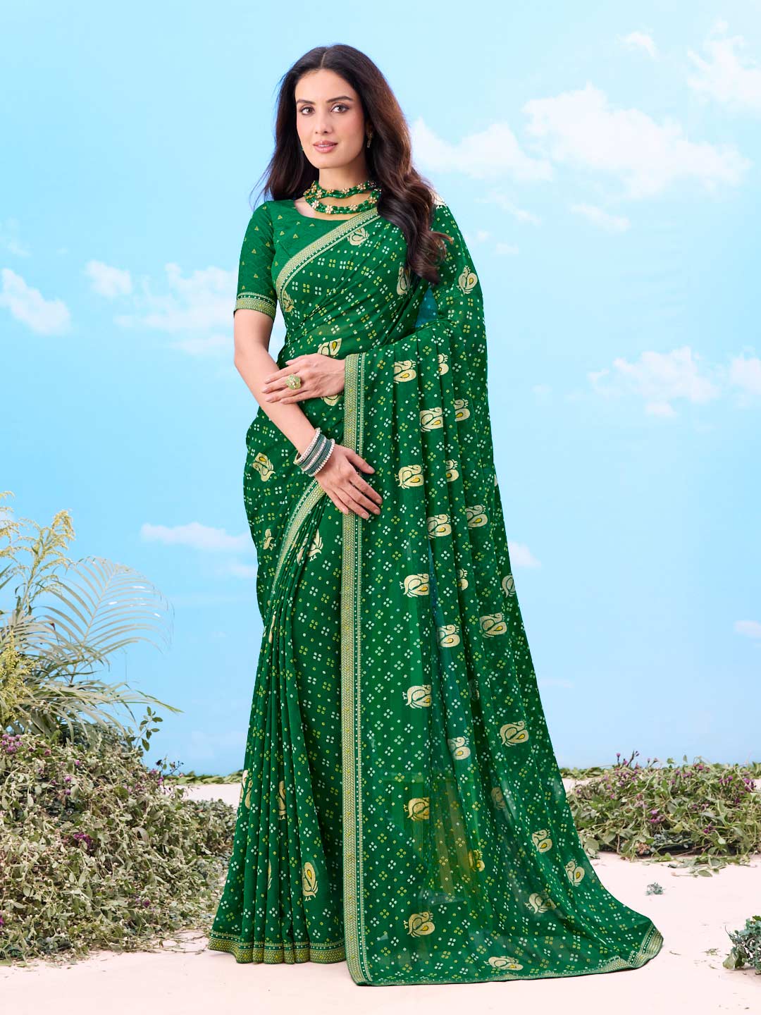 Laxmipati Gulshan Green Georgette Bandhani Printed Saree
